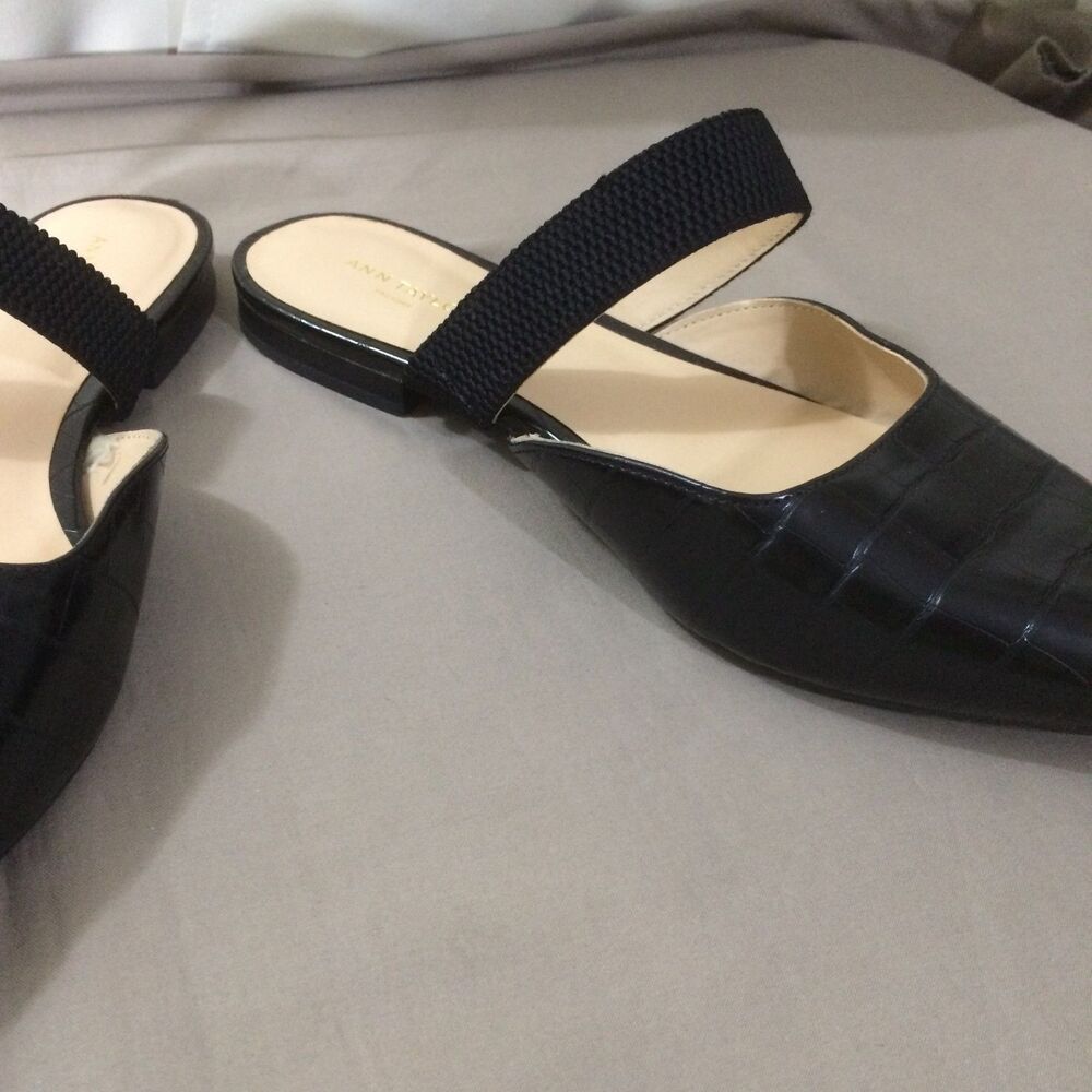 Ann Taylor Factory Black Pointed Toe Mule Flats Size 8.5 Faux Croc Slip On Shoes - Picture 4 of 8